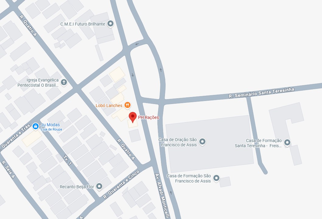 Mapa mostrando a PH Rações na Avenida Alvadi Monticelli, Jardim Shangrilá